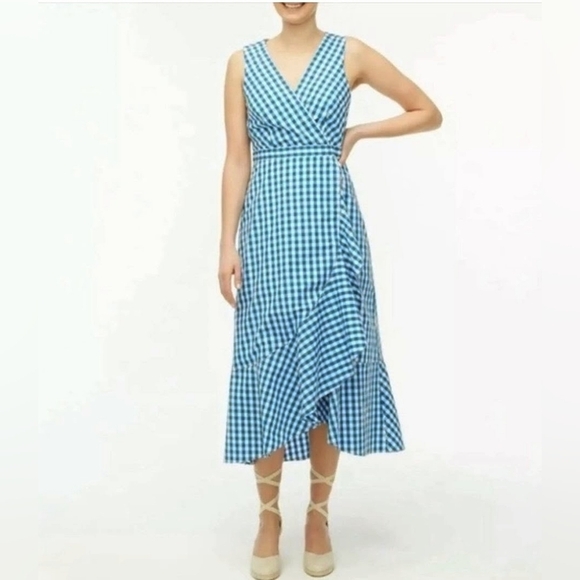 J. Crew Dresses & Skirts - J. Crew Women's Blue White Gingham V Neck Ruffle Faux Wrap Poplin Maxi Dress | 6